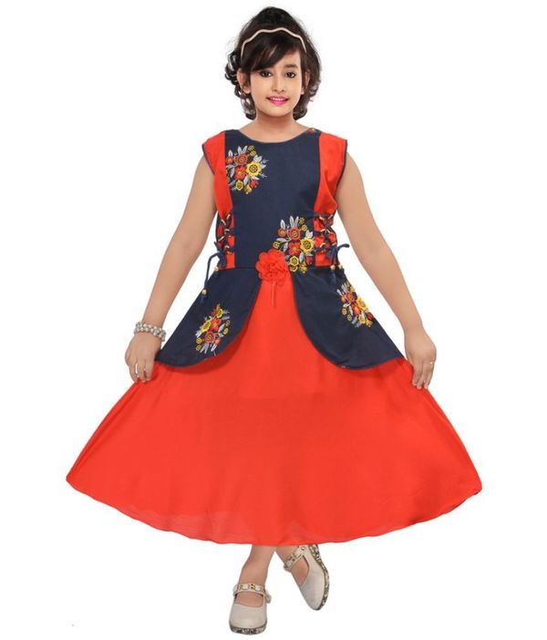 M. MONGELA DRESSES - Red & Blue Cotton Blend Girls Fit And Flare Dress ( Pack of 1 ) ( maa tara market ) - Size chart-  2-3 Years, 3-4 Years, 4-5 Years, 5-6 Years, 6-7 Years, 7-8 Years, 8-9 Years, 9-10 Years, 10-11 Years, red & blue