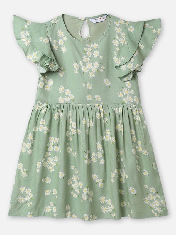 UrbanMark Junior Girls Rayon All Over Floral Printed Dress with Frills - Green ( MAA TARA market ) - size - 2-4 years , 4-6 years , 6-8 years, light green