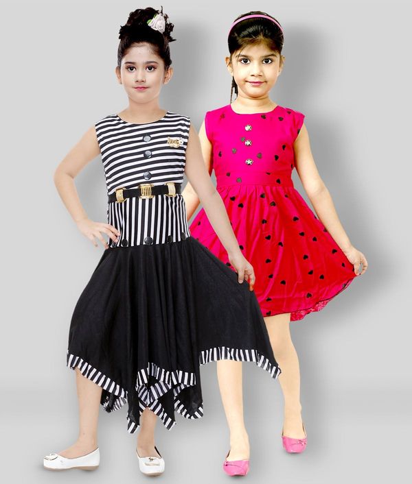 Mojua - Pink & Black Rayon Girl's A-line Dress ( Pack of 2 ) ( maa tara market ) - size - 2-4 years, 4-6 years , 6-8 years, pink & black