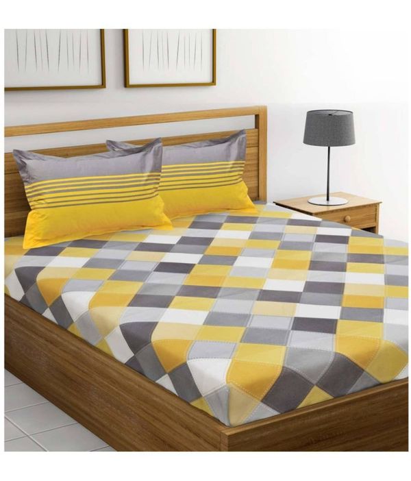 HOMETALES Cotton Big Checks Double Bedsheet with 2 Pillow Covers-Mustard ( maa tara market ) - mustard