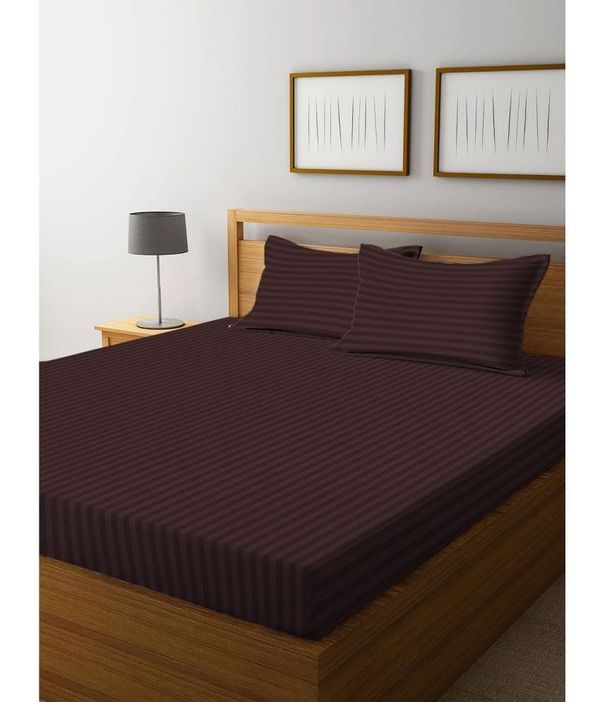 HOMETALES Microfiber Solid Satin Stripe Queen Bedsheet With Two Pillow Covers -Coffee ( maa tara market ) - coffee