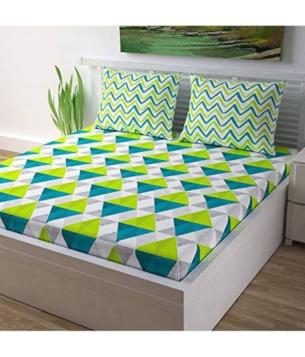 HOMETALES - Green Cotton Double Bedsheet with 2 Pillow Covers ( maa market ) - green