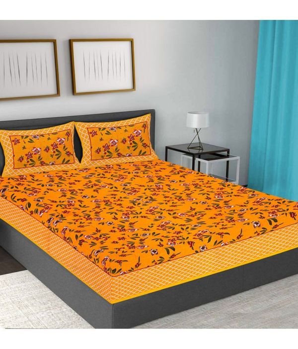 HOMETALES Cotton Floral Double Bedsheet with 2 Pillow Covers-Yellow ( maa tara market )