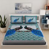 HOMETALES Cotton Birds Double Bedsheet with 2 Pillow Covers-Turquoise ( maa tara market ) - blue