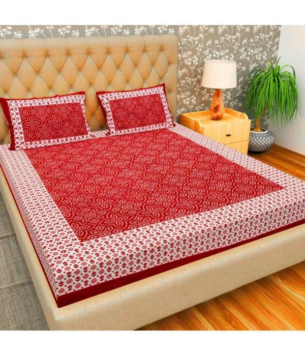 HOMETALES Cotton Ethnic Queen Bed Sheet with Two Pillow Covers-Red (MAA TARA MARKET ) - RED