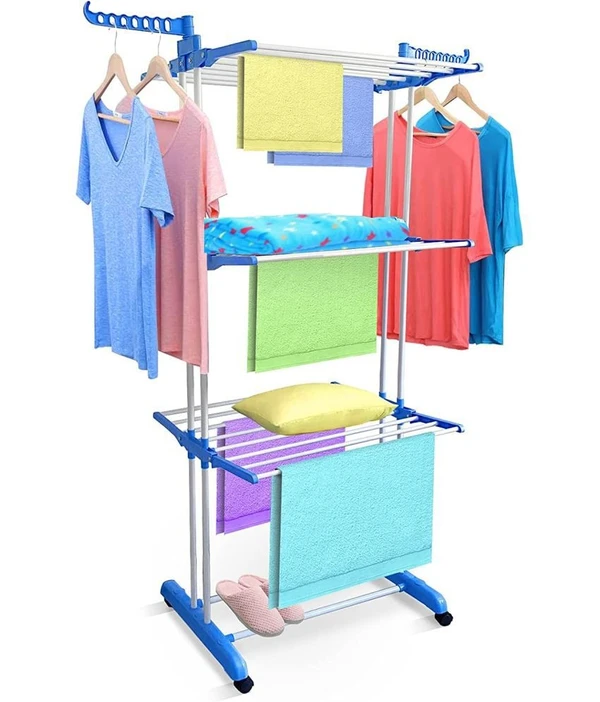 Cloth Stand for Drying Stainless Steel Foldable 3 Layer Clothes Drying Rack (Blue, Stainless Steel) ( MAA TARA MARKET )