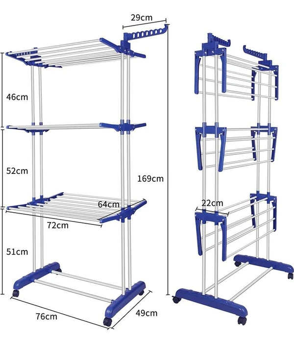 Cloth Stand for Drying Stainless Steel Foldable 3 Layer Clothes Drying Rack (Blue, Stainless Steel) ( MAA TARA MARKET )