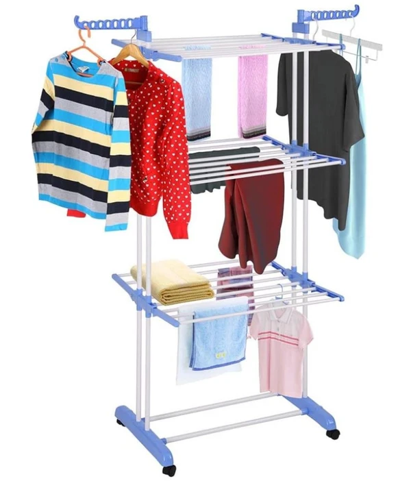 Cloth Stand for Drying Stainless Steel Foldable 3 Layer Clothes Drying Rack (Blue, Stainless Steel) ( MAA TARA MARKET )