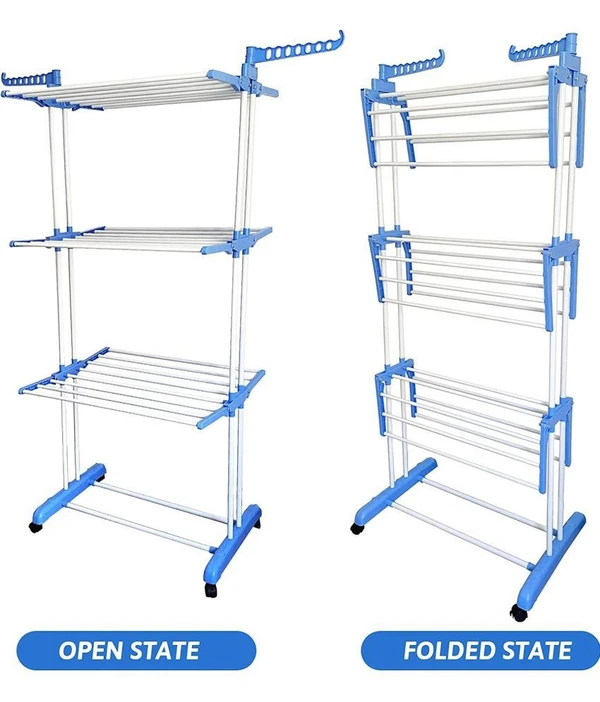 Cloth Stand for Drying Stainless Steel Foldable 3 Layer Clothes Drying Rack (Blue, Stainless Steel) ( MAA TARA MARKET )