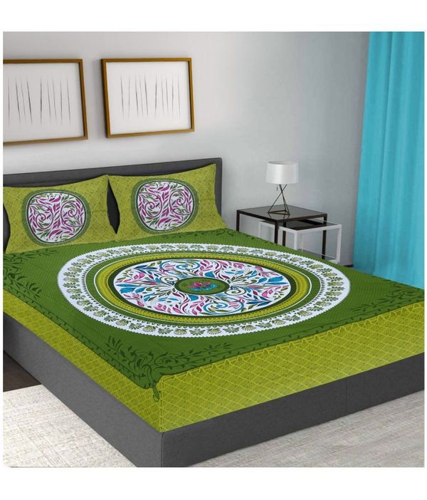 HOMETALES Cotton Floral Double Bedsheet with 2 Pillow Covers-Green ( MAA TARA MARKET ) - GREEN