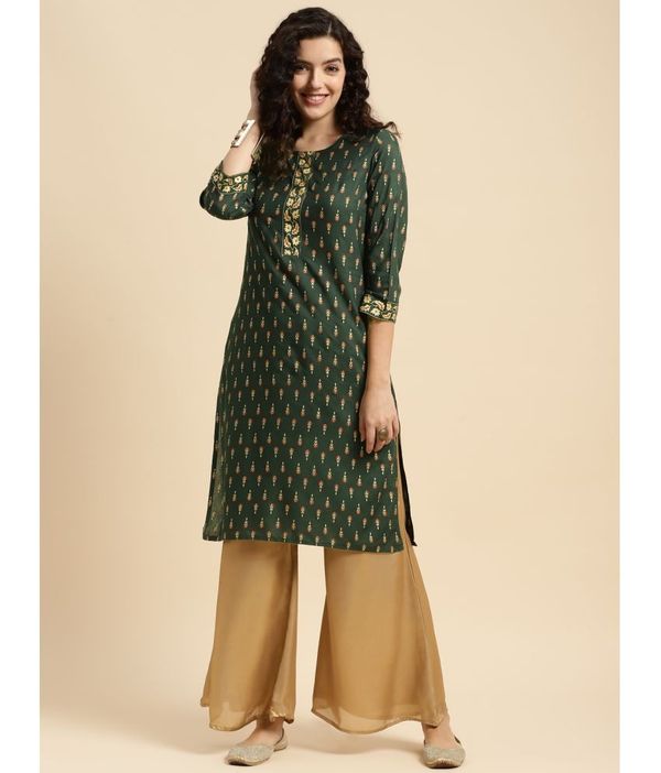 Rangita Women Rayon Green Printed Knee Length Straight Kurti ( maa tara ) - Size-  S ,8, M, L ,XL ,XXL ,3XL, green