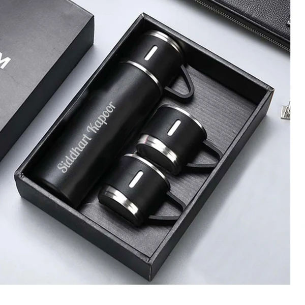 Personalized Thermos Cup For Tea Flask Gift Box Set Stainless Steel Flask  - Black