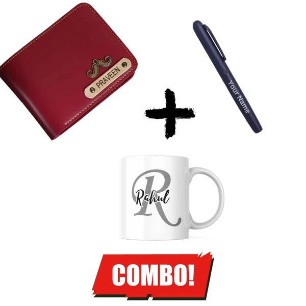 Personalized Men's Wallet + Magnetic Pen + Mug Combo  Hamper - Maroon