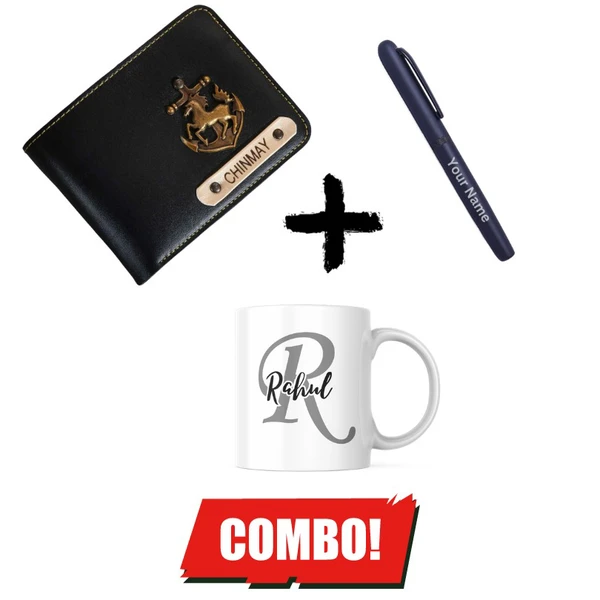 Personalized Men's Wallet + Magnetic Pen + Mug Combo  Hamper - Black