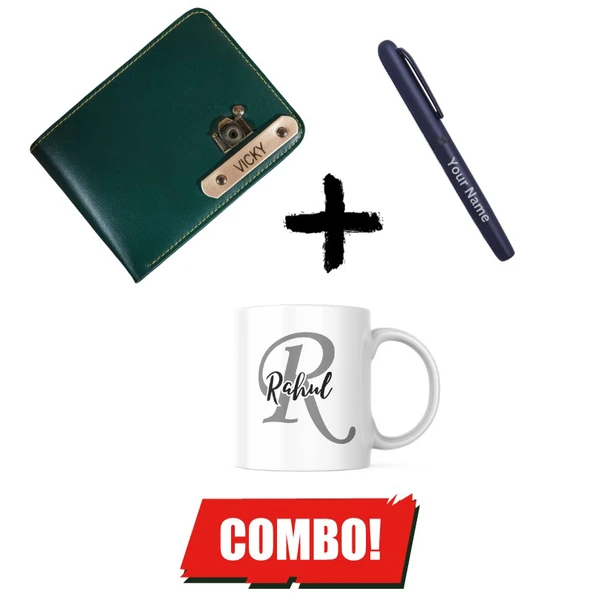 Personalized Men's Wallet + Magnetic Pen + Mug Combo  Hamper - Green