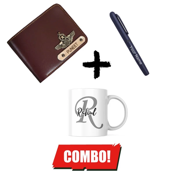 Personalized Men's Wallet + Magnetic Pen + Mug Combo  Hamper - Brown