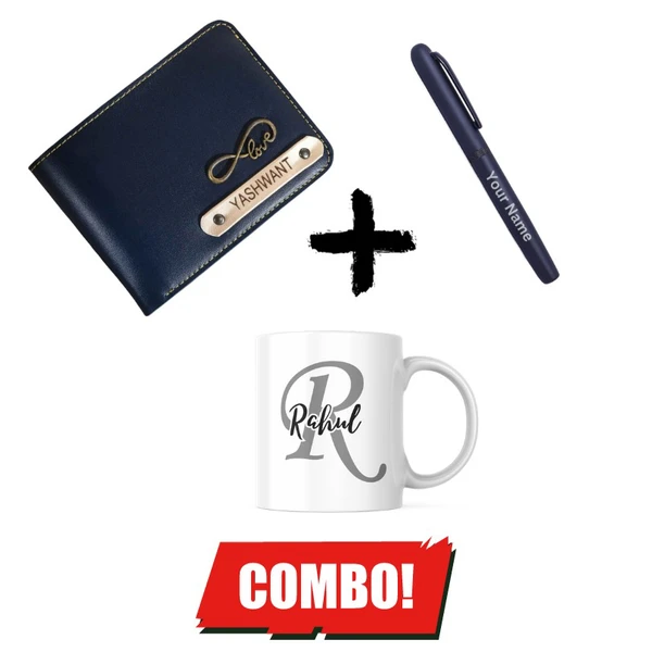 Personalized Men's Wallet + Magnetic Pen + Mug Combo  Hamper - Navy Blue