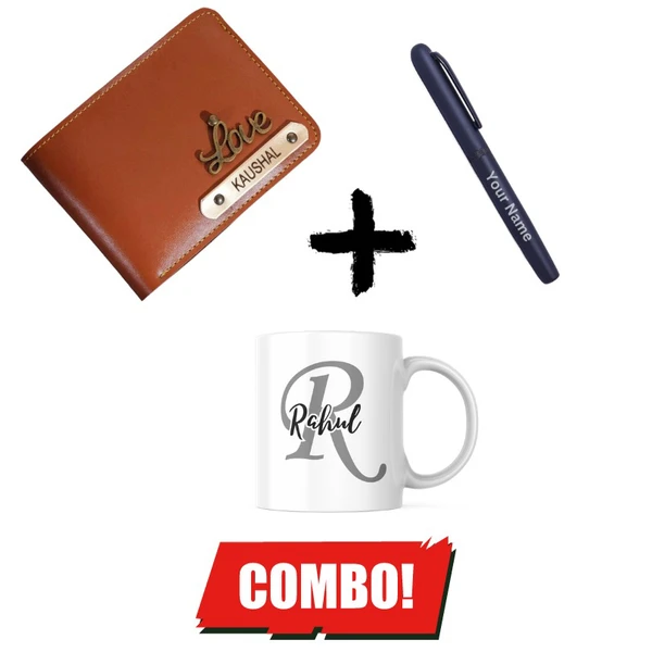 Personalized Men's Wallet + Magnetic Pen + Mug Combo  Hamper - Tan