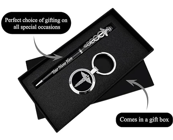 Personalized Doctor Symbol Pen and Keychain - Name Engraved - Ideal Gift for Doctors  - Black