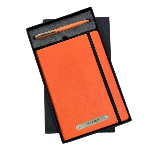 2 in 1 Personalized Office Gift Set of Pen and Notebook Diary with Your Name Engraved, A gift for all Corporate and Personal Occasions - Web Orange