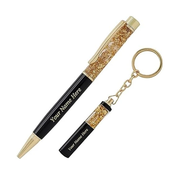 Personalized Name Engraved Metal Golden Ball Pen & Key chain Gift Set For Gifting with Box - Black