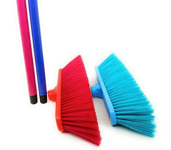 Plastic Floor Cleaning Broom With Wooden Stick (Soft) - Red