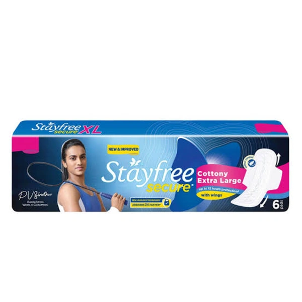 Stayfree Secure Cottony Soft Cover Sanitary Napkin with Wings 6 pads - XL