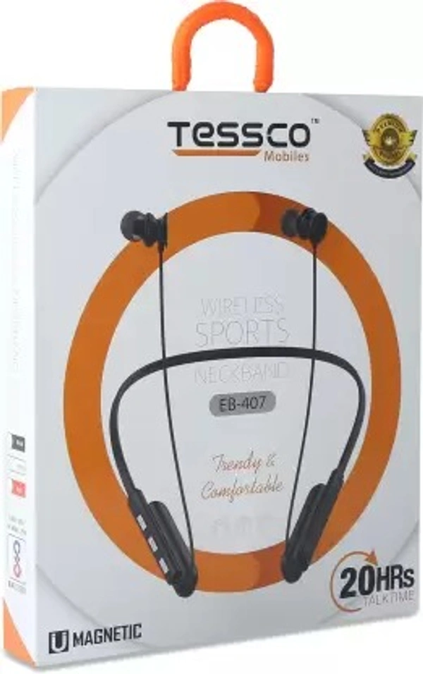 Tessco EB-407 Fast charging neckband 20hours backup,Voice assistance with mic-Black Bluetooth Headset  (Black, True Wireless)