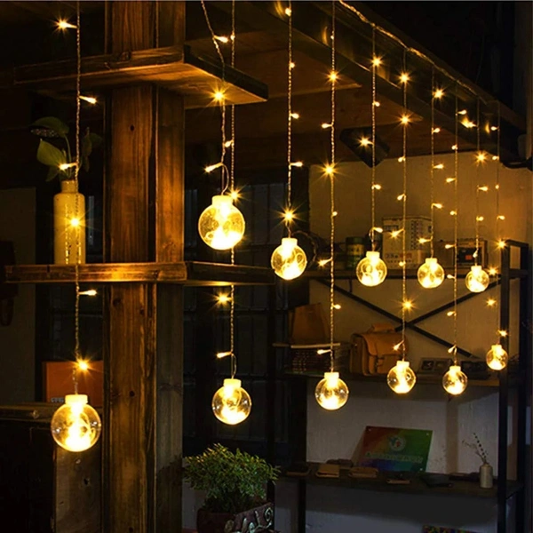 Denizz 12 WISH BALLS WINDOW CURTAIN STRING LIGHTS WITH 8 FLASHING MODES DECORATION FOR HOME DECORATION, DIWALI & WEDDING LED CHRISTMAS LIGHT INDOOR AND OUTDOOR LIGHT ,FESTIVAL DECORATION (PLASTIC, WARM WHITE) - Gold, 8 Feet