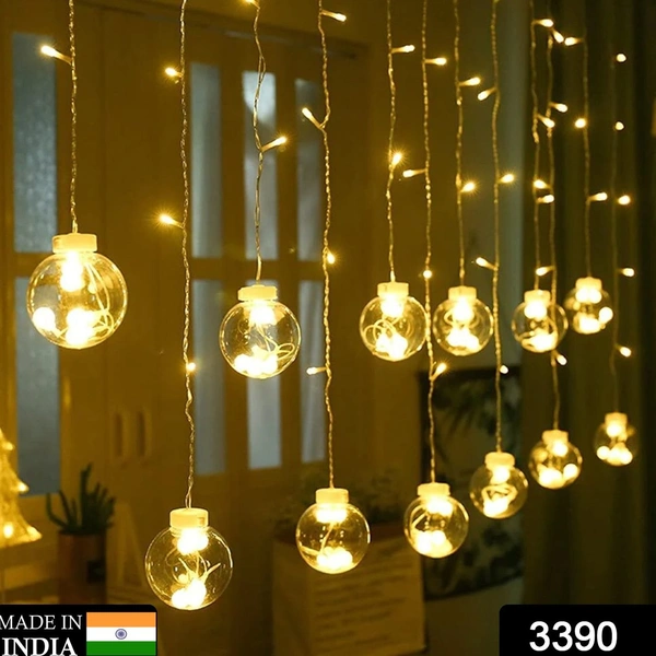 Denizz 12 WISH BALLS WINDOW CURTAIN STRING LIGHTS WITH 8 FLASHING MODES DECORATION FOR HOME DECORATION, DIWALI & WEDDING LED CHRISTMAS LIGHT INDOOR AND OUTDOOR LIGHT ,FESTIVAL DECORATION (PLASTIC, WARM WHITE) - Gold, 8 Feet