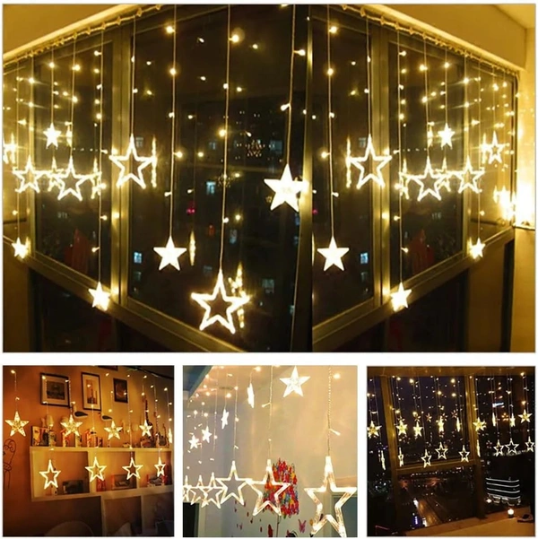 12 STARS LED CURTAIN STRING LIGHTS WITH 8 FLASHING MODES FOR HOME DECORATION, DIWALI & WEDDING LED CHRISTMAS LIGHT INDOOR AND OUTDOOR LIGHT ,FESTIVAL DECORATION (WARM WHITE) - Yellow, 2.5 Meter