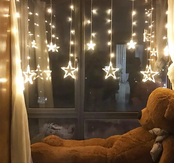 12 STARS LED CURTAIN STRING LIGHTS WITH 8 FLASHING MODES FOR HOME DECORATION, DIWALI & WEDDING LED CHRISTMAS LIGHT INDOOR AND OUTDOOR LIGHT ,FESTIVAL DECORATION (WARM WHITE) - Yellow, 2.5 Meter