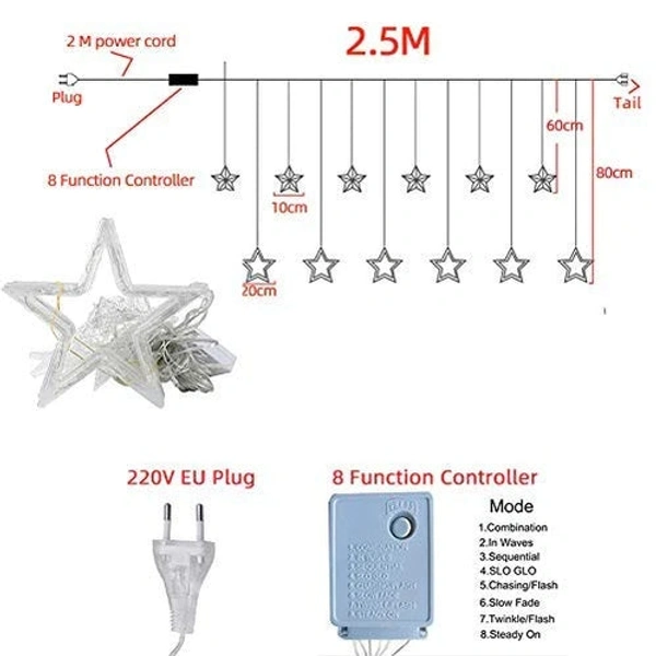 12 STARS LED CURTAIN STRING LIGHTS WITH 8 FLASHING MODES FOR HOME DECORATION, DIWALI & WEDDING LED CHRISTMAS LIGHT INDOOR AND OUTDOOR LIGHT ,FESTIVAL DECORATION (WARM WHITE) - Yellow, 2.5 Meter