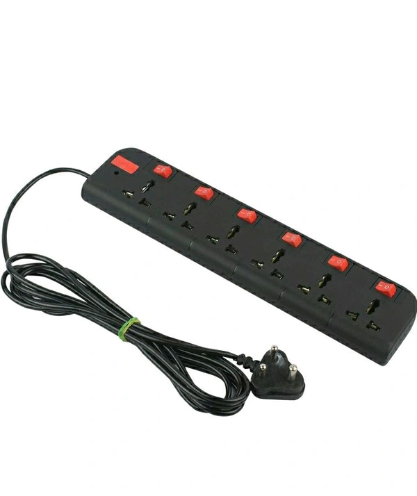  4 + 1 Power Strip Red & Black Color 250 Volts with Master Switch, Indicator, Safety Shutter & 4 International sockets, Extension Cord for Home Appliances - Black