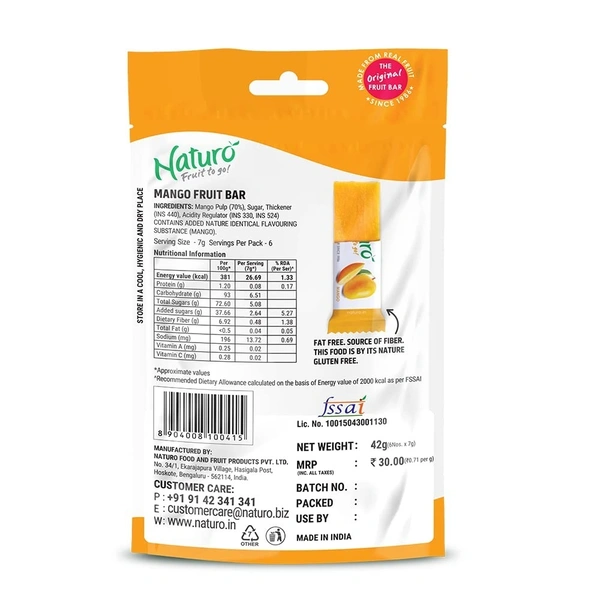 NATURO FOOD PRODUCTS Naturo Mango Fruit Bar - Naturo - 6P