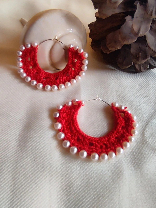 Crochet Hoop Earrings - Red, Medium