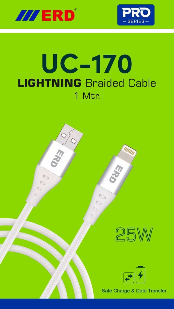 ERD UC 170 LIGHTNING IPHON Braided CABLE 25 WATT PACK OF 10