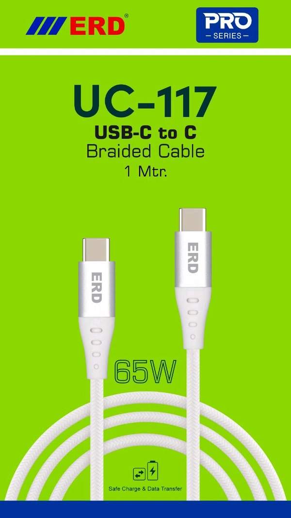 ERD UC 117 USB C TO C BRAIDED CABLE 65 WATT PACK OF 10