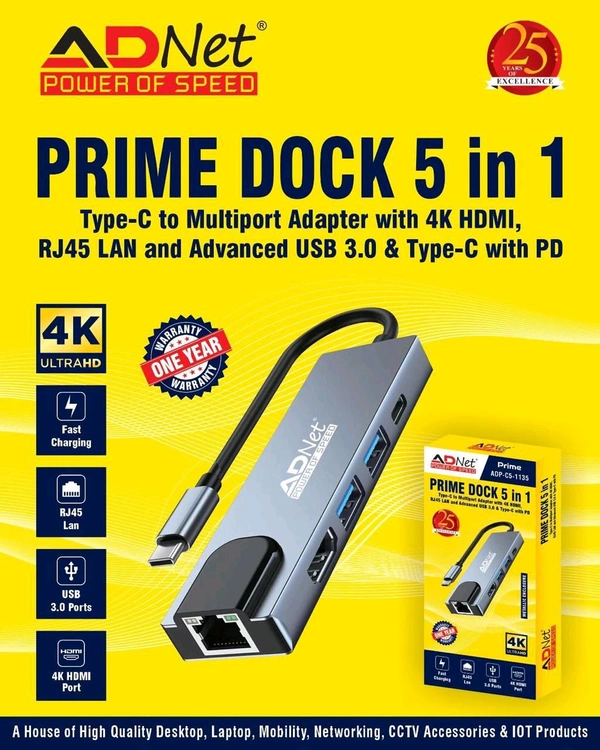 ADNET  PRIME DOCK 5 IN 1. TYPE - C TO MULTIPORT ADAPTER WITH 4K HDMI,  RJ45 LAN AND ADVANCED USB 3.0 & TYPE -C WITH PD - 1 Year Warranty