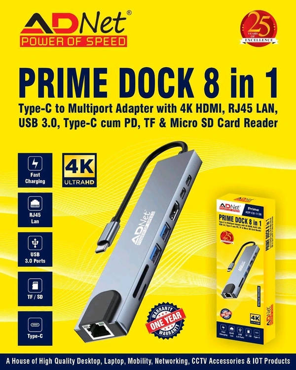 ADNET PRIME DOCK 8 IN 1 TYPE - C TO MULTIPORT ADAPTER WITH 4K HDMI, RJ45 LAN, USB 3.0, TYPE -C CUM PD, TF & MICRO SD CARD READER  - 1 Year Warranty