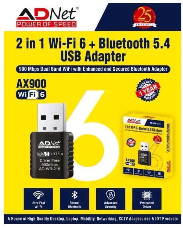 ADNET  2 IN 1WI-FI 6+ BLUETOOTH 5.4 USB ADAPTER  - 1 Year