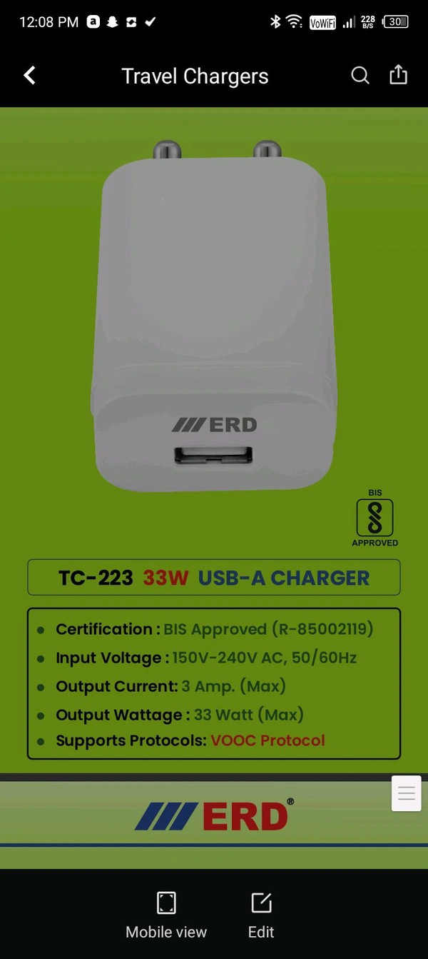 ERD TC-223 33W USB-A CHARGER - 6 Month