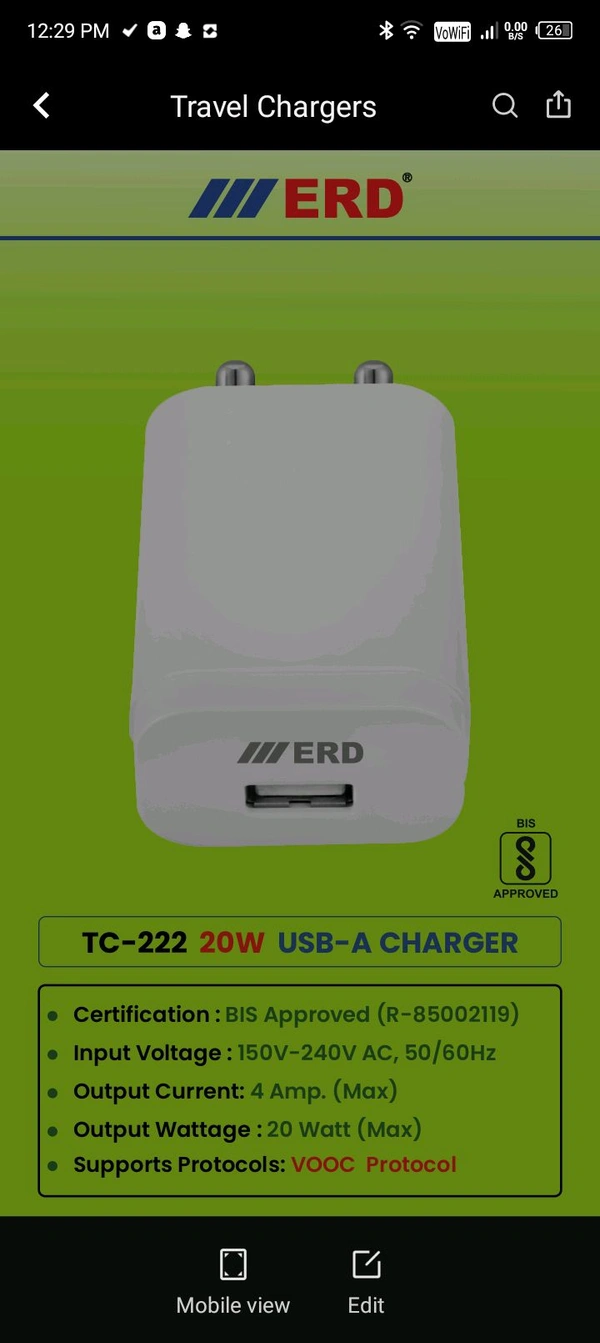 ERD TC-222 20W USB-A Charger  - 6 Month