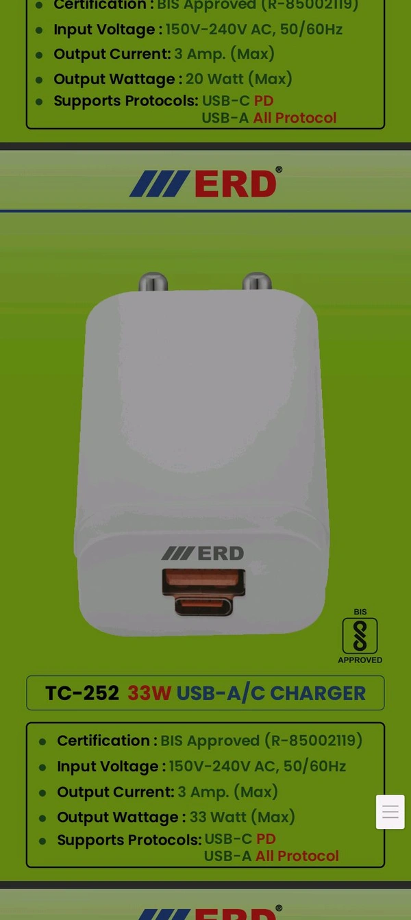 ERD TC-252 33W USB- A/C CHARGER - 6 Month