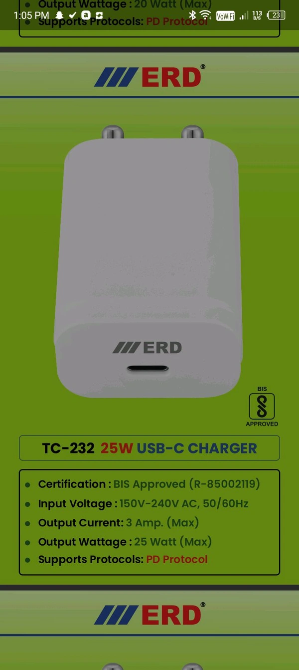 ERD TC-232 25W USB-C CHARGER  - 6 Month