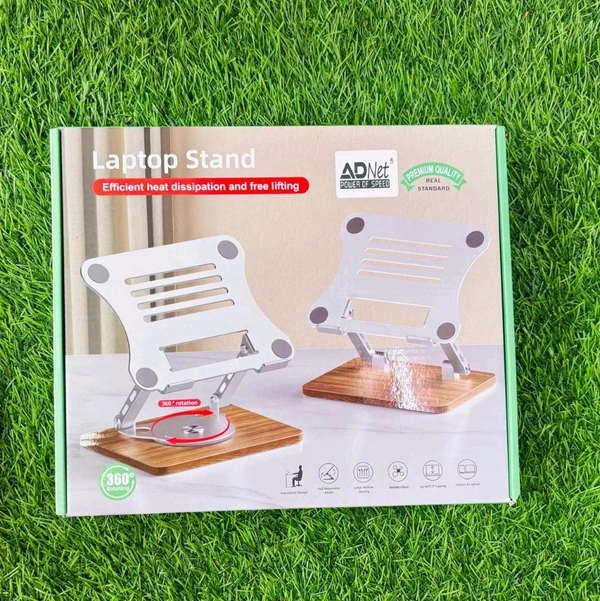METAL LAPTOP STAND EFFICIENT HEAT DISSIPATION AND FREE LIFTING 360 ROTATING  WOODEN BASE