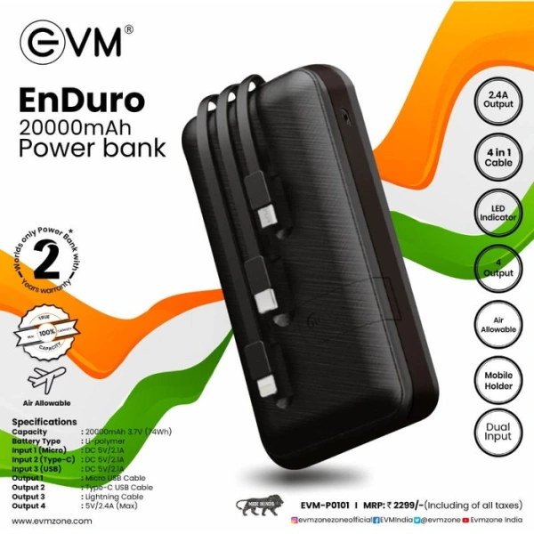EVM 20000MAH POWER BANK ENDURO INBUILT CABLES