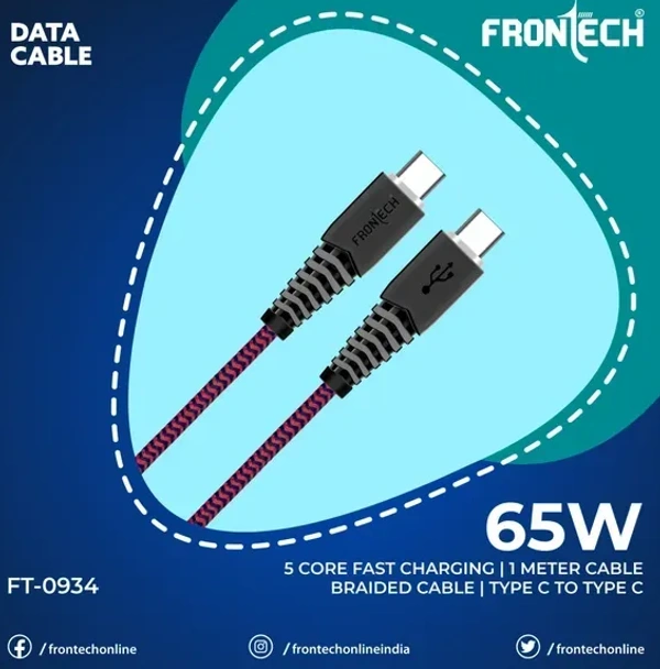 FRONTECH 0934- FRONTECHUSB BRAIDED CABLE  C TO C 65 WATT  5 CORE  1 METRE - 6 MONTHS