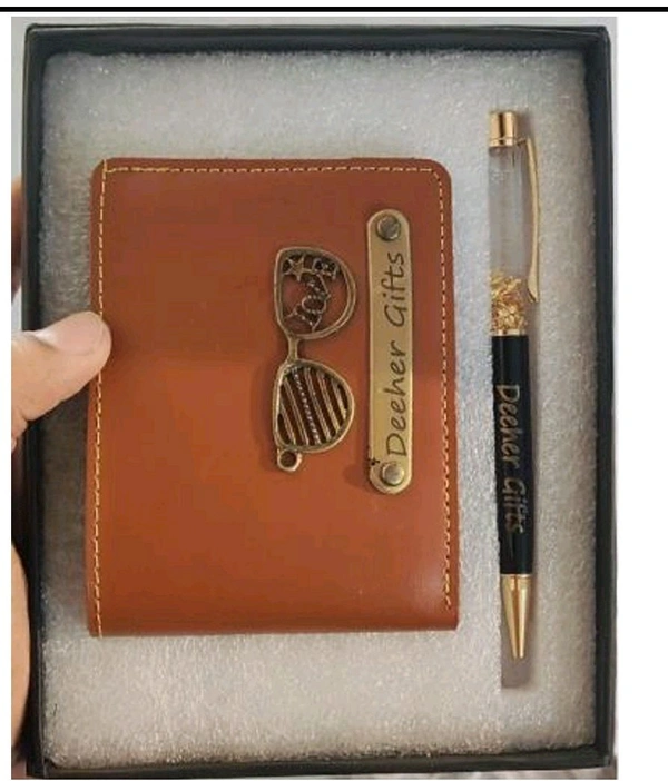 Engraving Faux Leather Men’s Wallet + Gold Zari Pen Set - Black