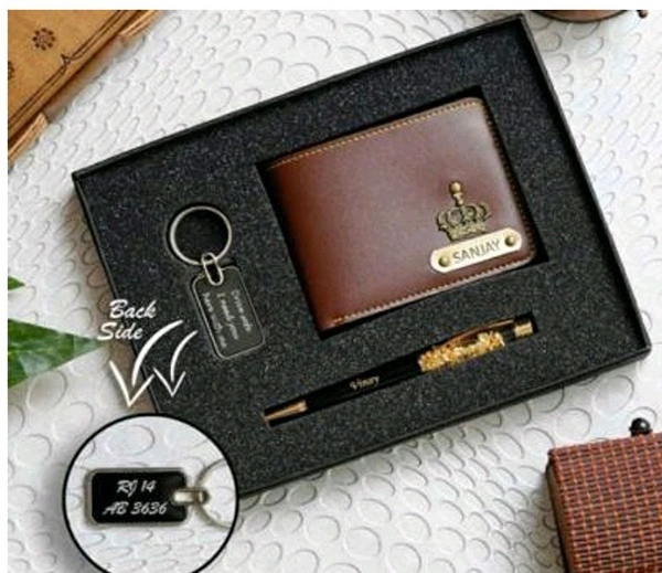 Engraving Faux Leather Men’s Wallet + Pen + Leather Keychain - Black
